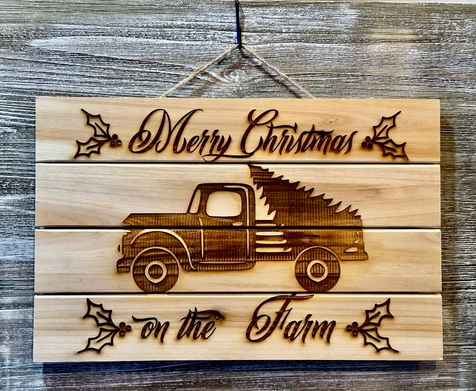 Merry Christmas On The Farm 3-#107 Laser engraved wood art 11x15, free shipping