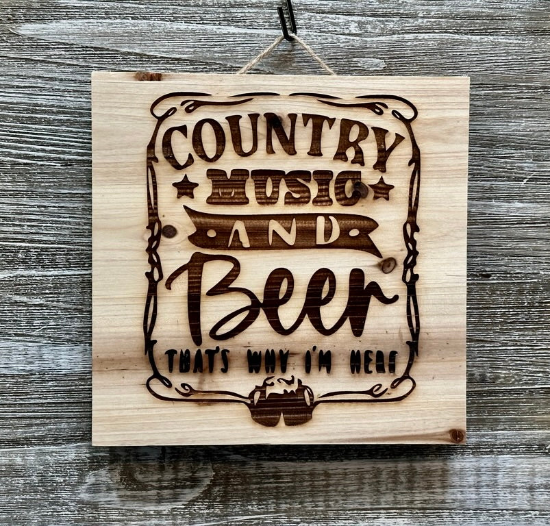 Country Music And Beer-#180 Laser engraved wood art 10x10, free shipping