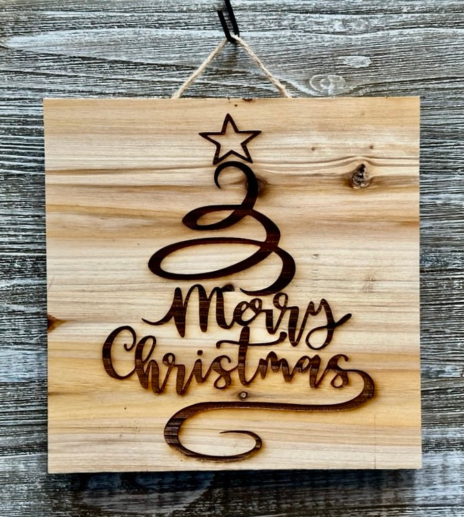 Merry Christmas With Star-#093 Laser engraved wood art 10x10, free shipping