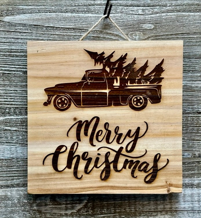 Merry Christmas Truck-#101 Sale 10% off Laser engraved wood art 10x10, free shipping