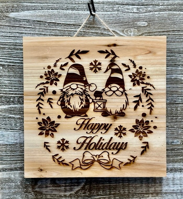 Gnomes Happy Holidays-#095 Sale 10% off Laser engraved wood art 10x10, free shipping