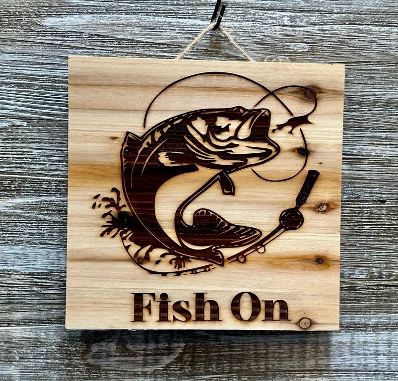 Fish On-#075 Laser engraved wood art 10x10, free shipping