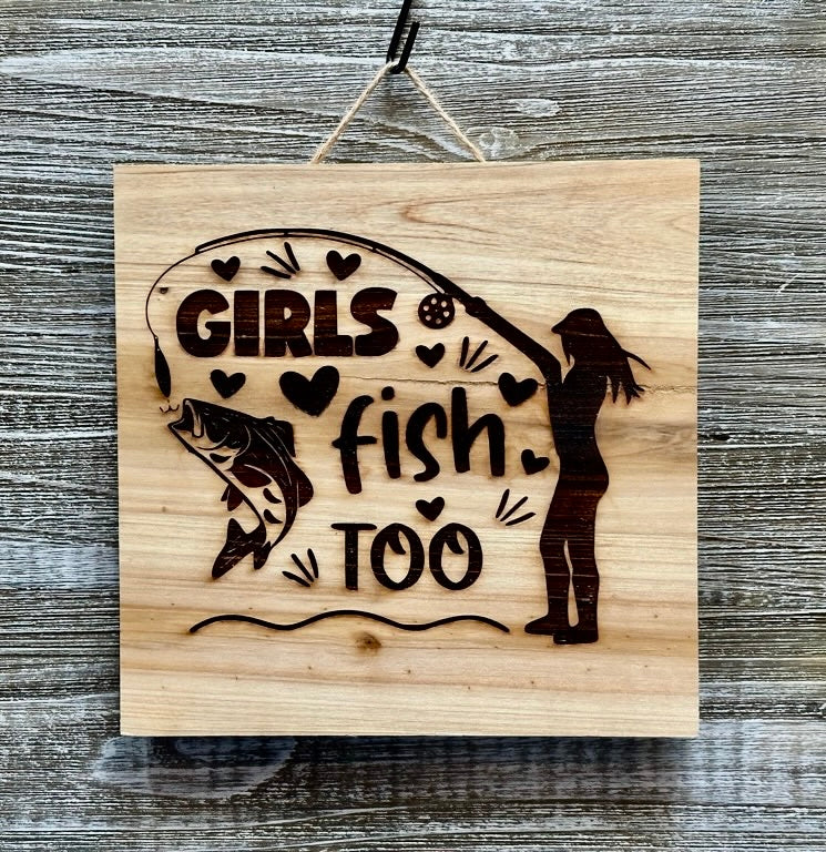 Girls Fish Too-#065 Laser engraved wood art 10x10, free shipping