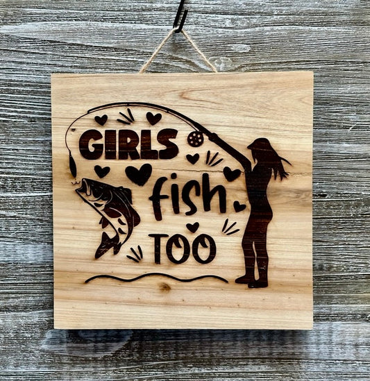 Girls Fish Too-#065 Laser engraved wood art 10x10, free shipping